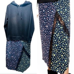 TOPSHOP Hoodie Sweatshirt Hybrid Floral Lace Asymmetrical Hem MIDI Dress Size 4
